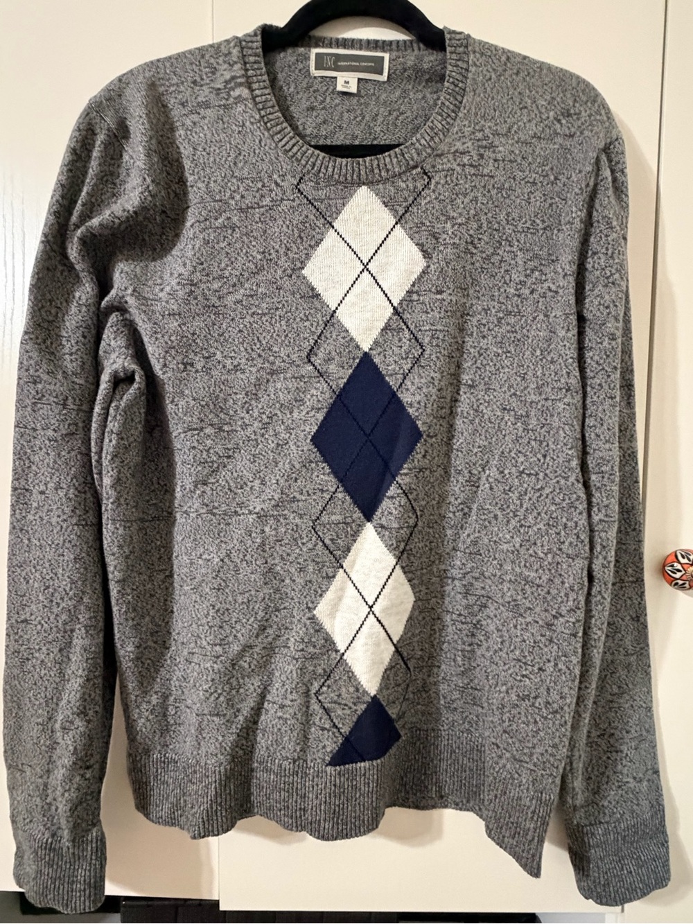 INC International Concepts Grey Argyle Crewneck Sweater - Size Medium